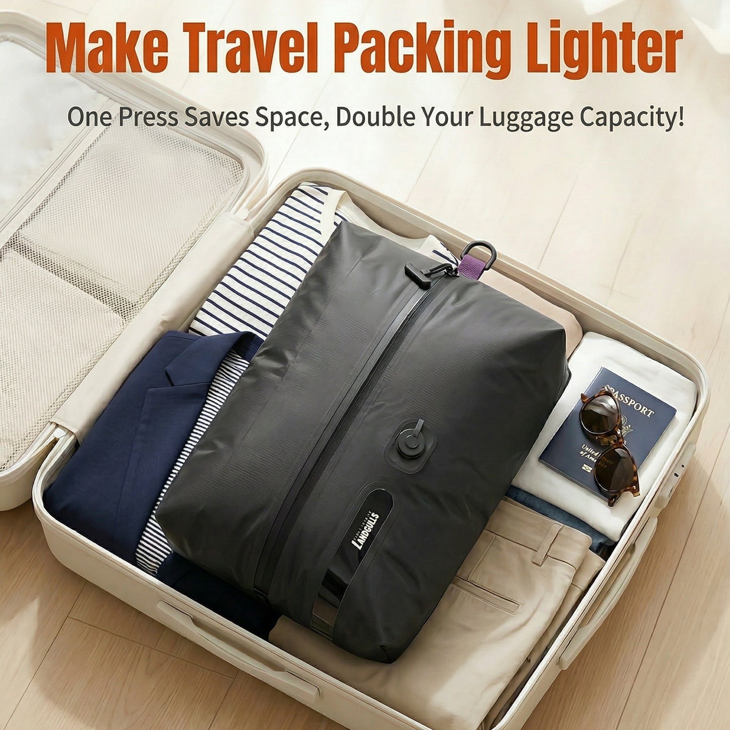 LANDGULLS Vacuum Compression Travel Bag for Carry-On Suitcase and Backpack, 210D Double-Sided TPU Laminate - 0.28 mm Waterproof Space Saver Vacpack (20L Gray (2-Pack) (Built-in vacuum pump)