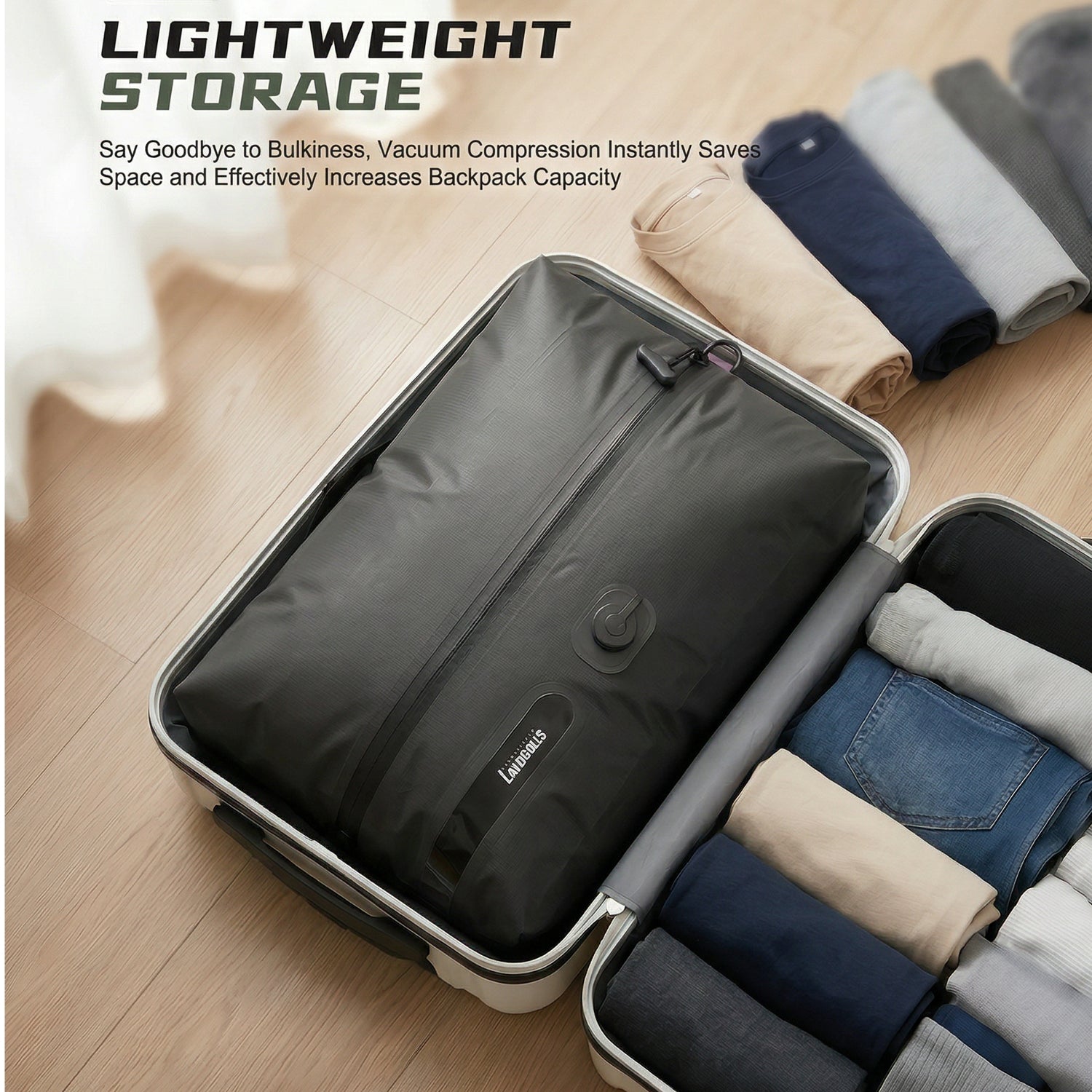 LANDGULLS Vacuum Compression Travel Bag for Carry-On Suitcase and Backpack, 210D Double-Sided TPU Laminate - 0.28 mm Waterproof Space Saver Vacpack (20L Gray (2-Pack) (Built-in vacuum pump)