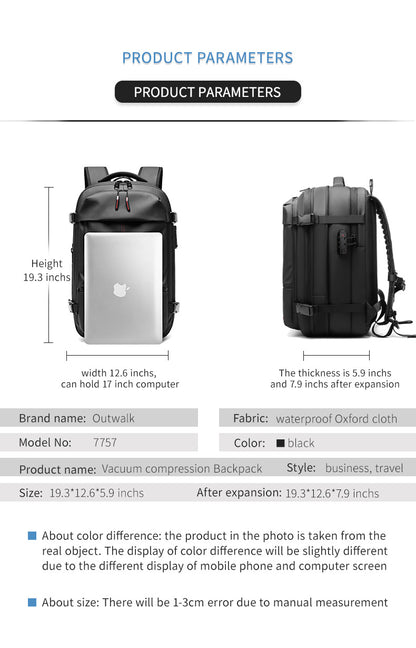 Vacuum-Compressed Large-Capacity Business Backpack for Men: 17-Inch Laptop, Waterproof, Wet/Dry Compartments, Outdoor Commuting Backpack