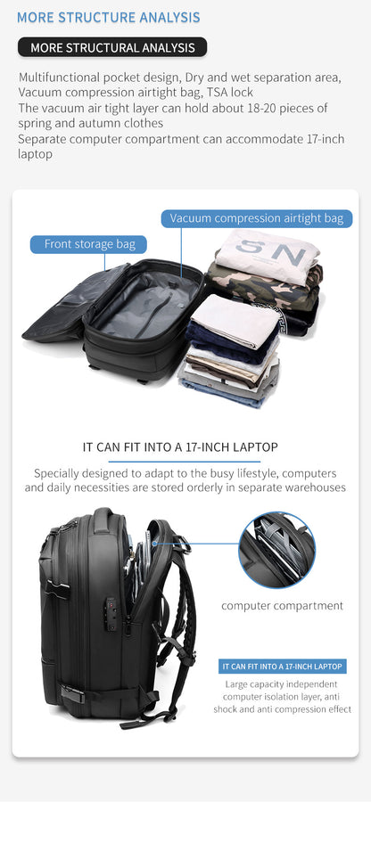 Vacuum-Compressed Large-Capacity Business Backpack for Men: 17-Inch Laptop, Waterproof, Wet/Dry Compartments, Outdoor Commuting Backpack
