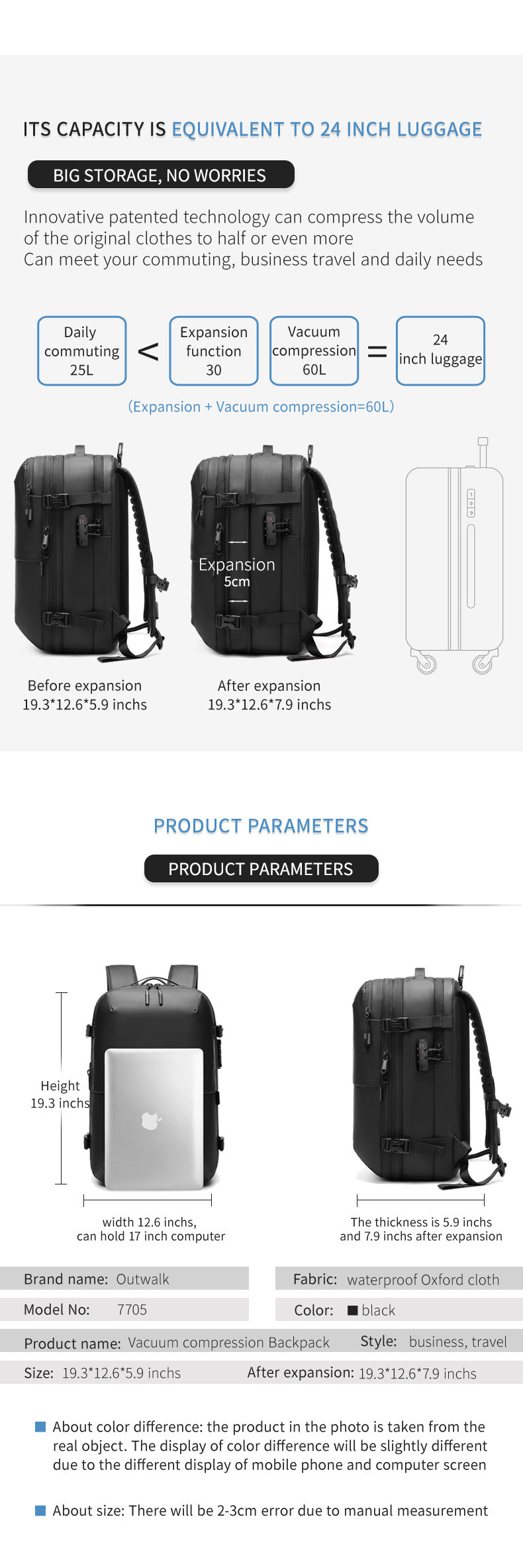 Vacuum-Compressed Large-Capacity Business Backpack for Men: 17-Inch Laptop, Waterproof, Wet/Dry Compartments, Outdoor Commuting Backpack