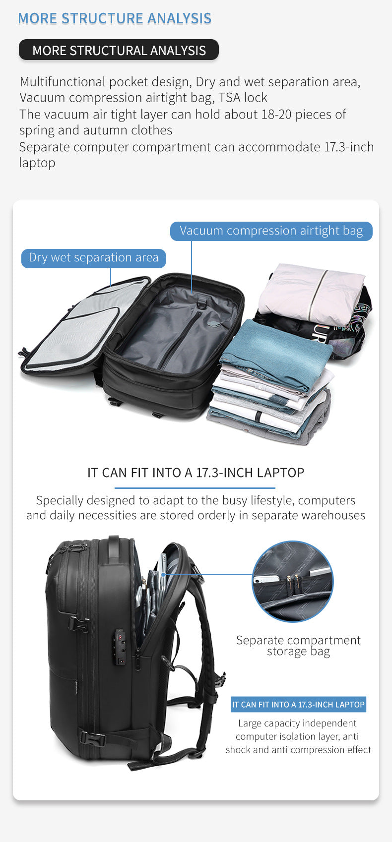 Vacuum-Compressed Large-Capacity Business Backpack for Men: 17-Inch Laptop, Waterproof, Wet/Dry Compartments, Outdoor Commuting Backpack